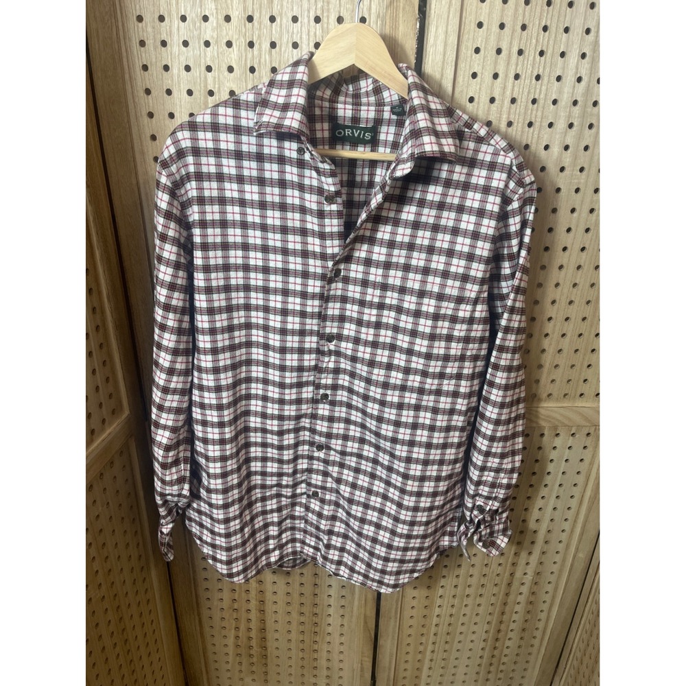 Orvis Mens Flannel Button Down Shirt Burgundy White Plaid Long Sleeve Size M